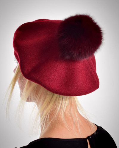 Women's woolen beret with fox fur pompom, maroon