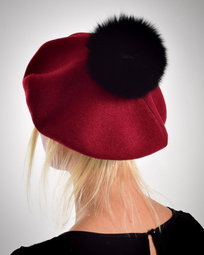 Women's woolen beret with fox fur pompom, maroon
