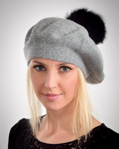 Women's woolen beret with fox fur pompom, gray