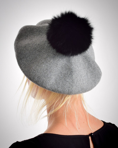 Women's woolen beret with fox fur pompom, gray