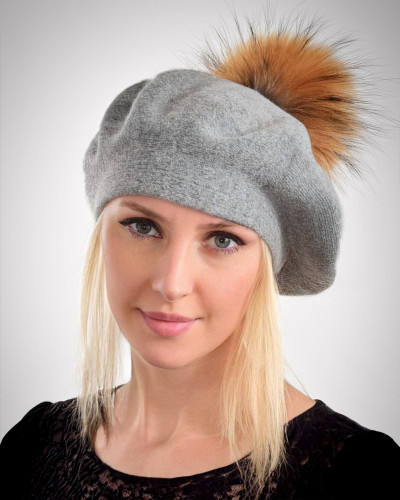 Women's woolen beret with Finn Raccoon fur pompom, gray