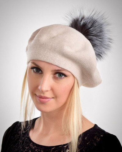 Women's woolen beret with fox fur pompom, beige