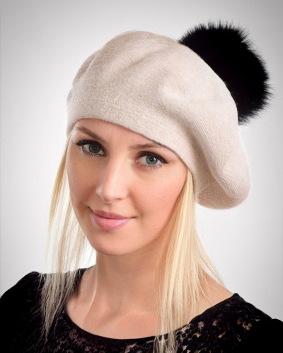 Women's woolen beret with fox fur pompom, beige