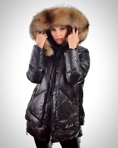 Black Winter Jacket with Raccoon Fur Hood Trim