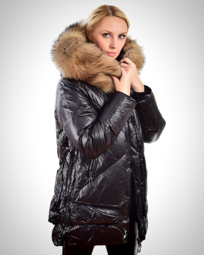 Black Winter Jacket with Raccoon Fur Hood Trim