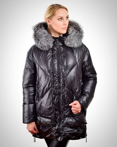 Black Winter Jacket with Silver Fox Fur Hood Trim