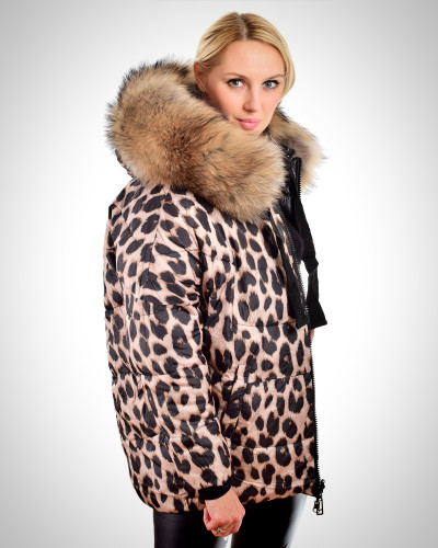 Reversible Leopard Print Winter Jacket with Raccoon Fur Hood Trim