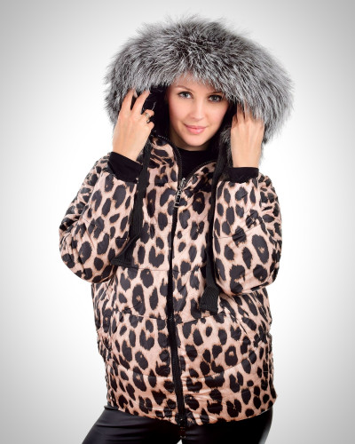 Reversible Leopard Print Winter Jacket with Silver Fox Fur Hood Trim