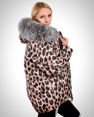 Reversible Leopard Print Winter Jacket with Silver Fox Fur Hood Trim