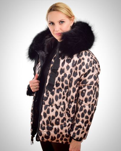 Reversible Leopard Print Winter Jacket with Raccoon Fur Hood Trim