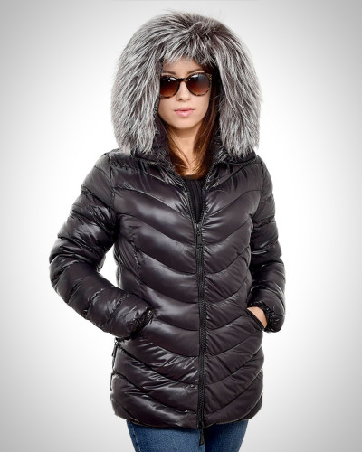 Short Black Winter Jacket with Silver Fox Fur Hood Trim