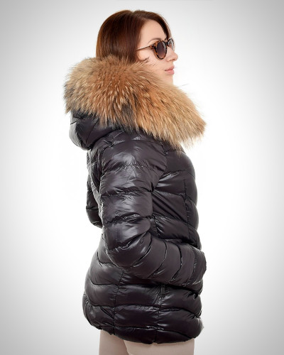 Short Black Winter Jacket with Raccoon Fur Hood Trim