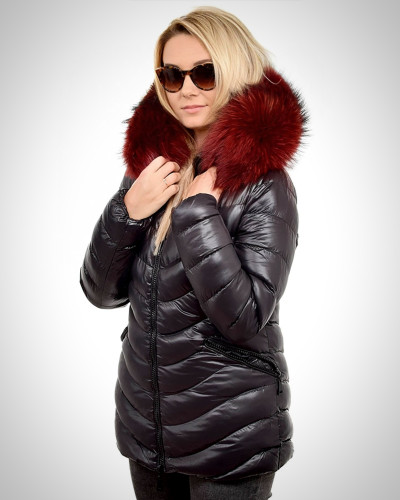 Short Black Winter Jacket with Raccoon Fur Hood Trim
