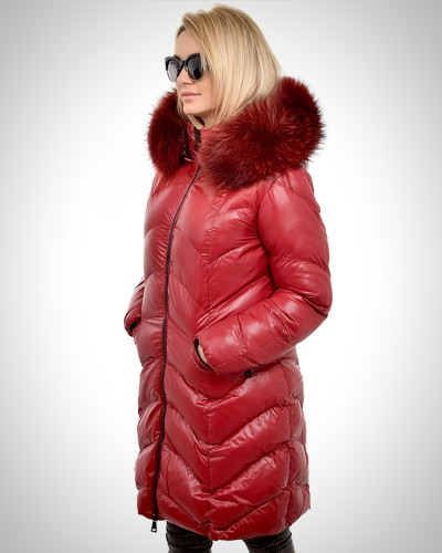 Women's Red Quilted Coat with Raccoon Fur Hood Trim