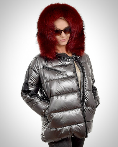 Silver Quilted Jacket with Raccoon Fur Hood Trim