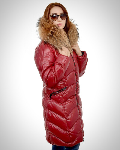 Women's Red Quilted Coat with Raccoon Fur Hood Trim