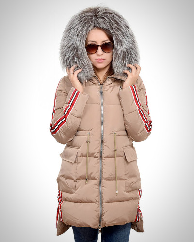 Beige Jacket with Stripes and Silver Fox Fur Hood Trim