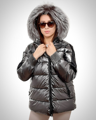 Silver Quilted Jacket with Silver Fox Fur Hood Trim