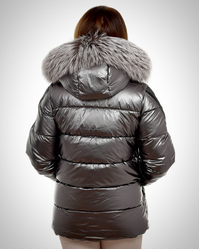 Silver Quilted Jacket with Silver Fox Fur Hood Trim