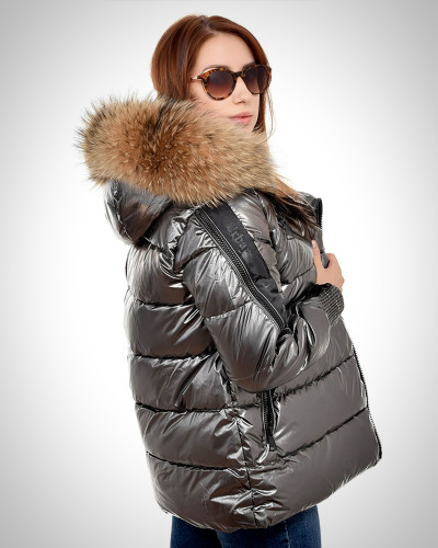 Silver Quilted Jacket with Raccoon Fur Hood Trim