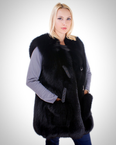 Genuine Black Fox Fur Vest Sleeveless Jacket of Fur