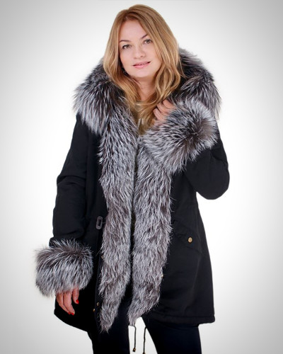 Black Parka with Hood, Cuffs and Front of Silver Fox Fur