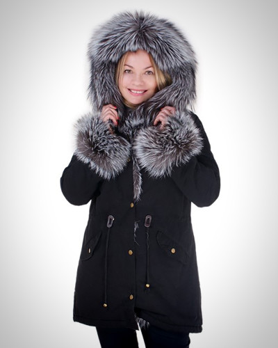 Black Parka with Hood, Cuffs and Front of Silver Fox Fur