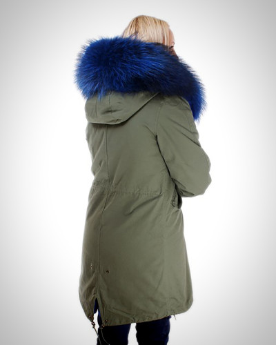Long Women's Parka With Blue Raccoon Fur Hood Trim