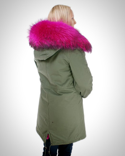 Long Women's Parka With Pink Raccoon Fur Hood Trim