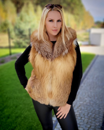 Genuine Women's Red Fox Fur hooded Vest Sleeveless