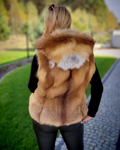Genuine Women's Red Fox Fur hooded Vest Sleeveless