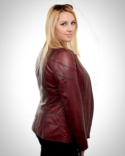 Women's burgundy leather jacket with a stand-up collar