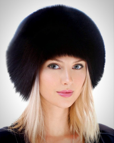 Genuine Women's Black Fox Fur Round Hat