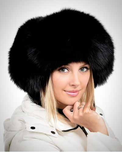 Genuine Women's Black Fox Fur Ushanka Hat