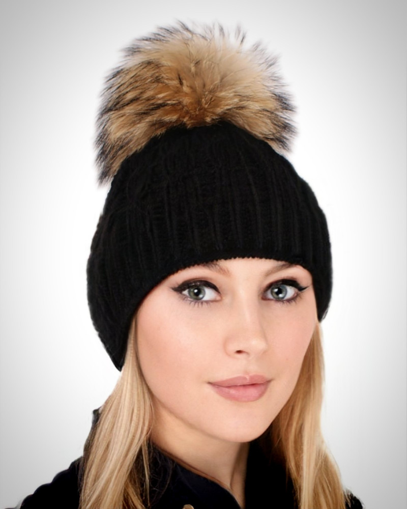 Black Wool Hat with Raccoon Fur Pom Pom