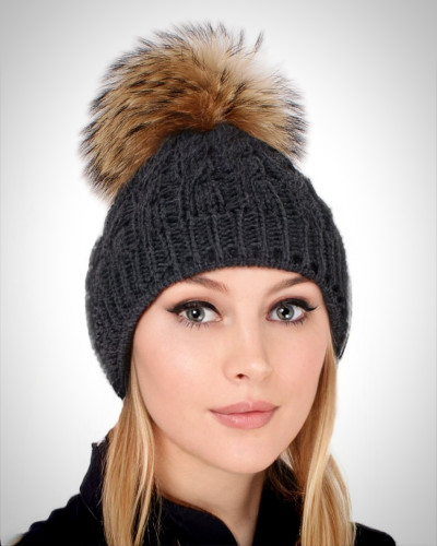 Graphite Wool Hat with Raccoon Fur Pom Pom