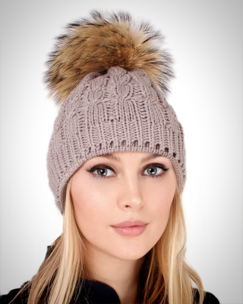 Beige Wool Hat with Raccoon Fur Pom Pom