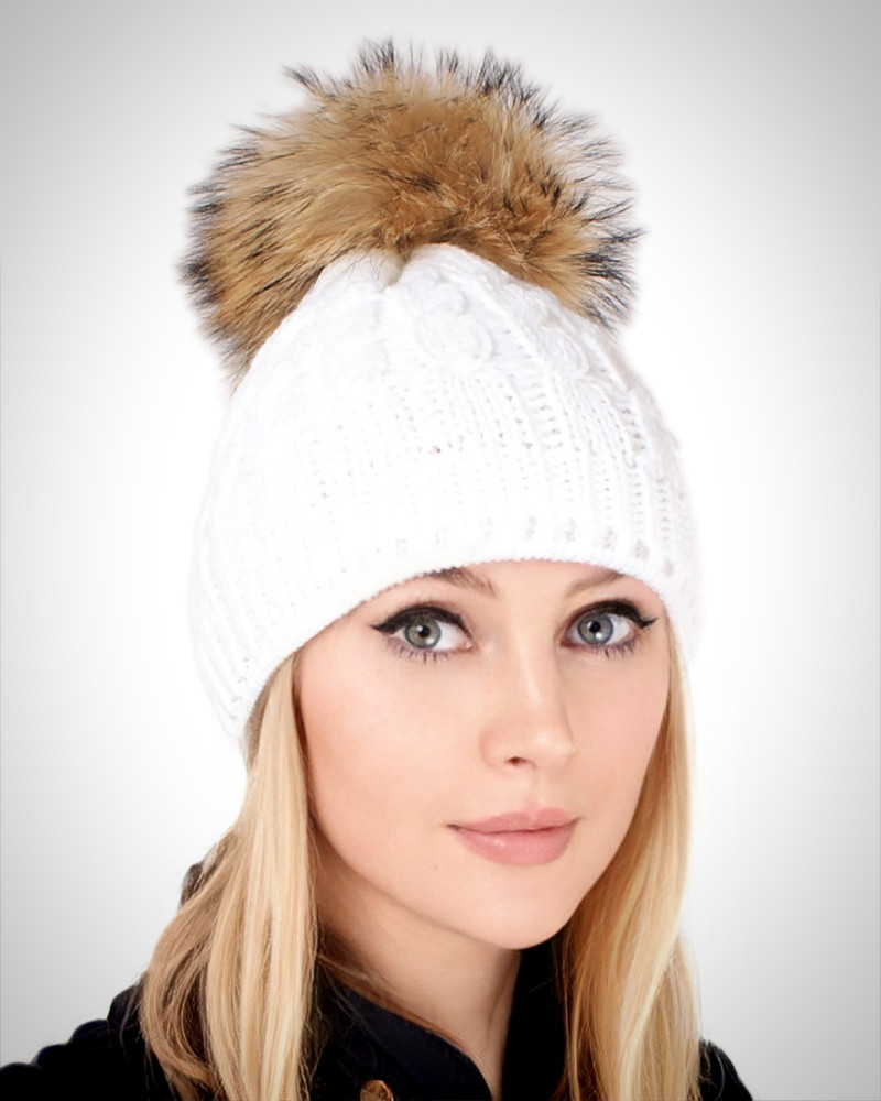 White Wool Hat with Raccoon Fur Pom Pom