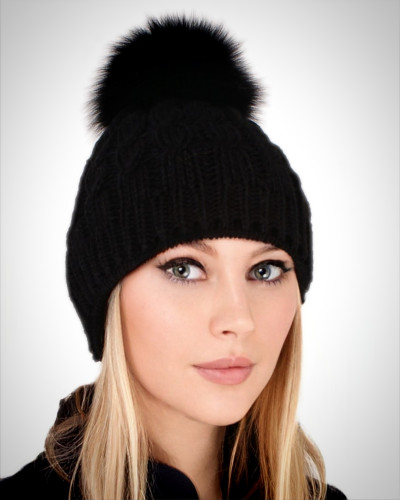 Black Wool Hat with Black Fox Fur Pom Pom