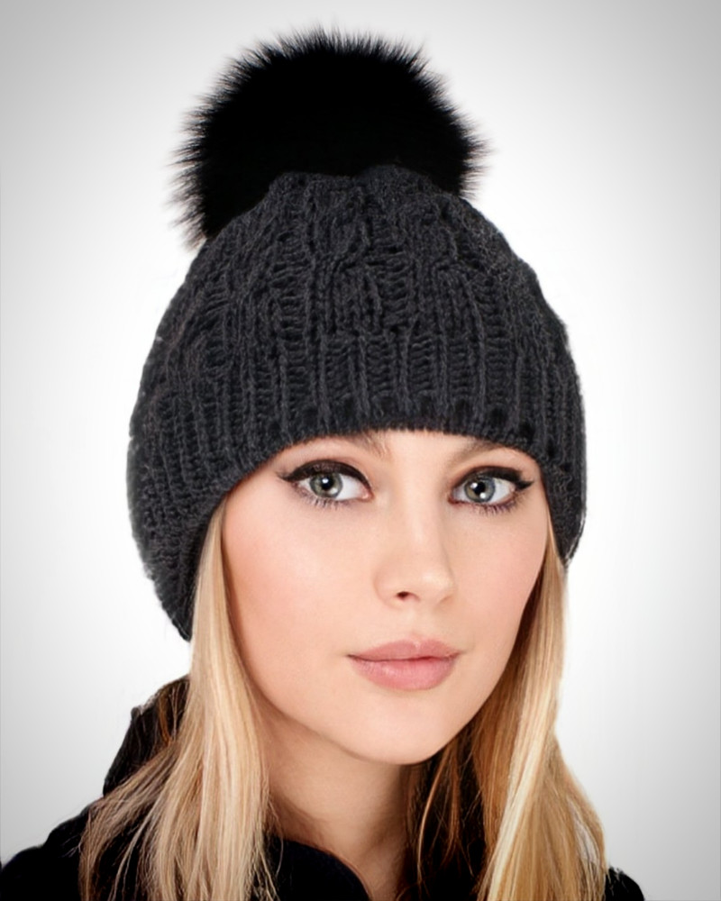 Graphite Wool Hat with Black Fox Fur Pom Pom
