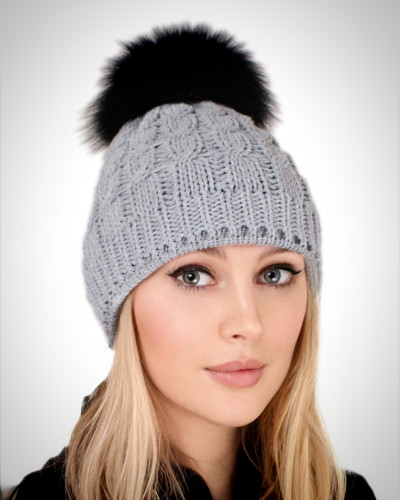 Grey Wool Hat with Black Fox Fur Pom Pom