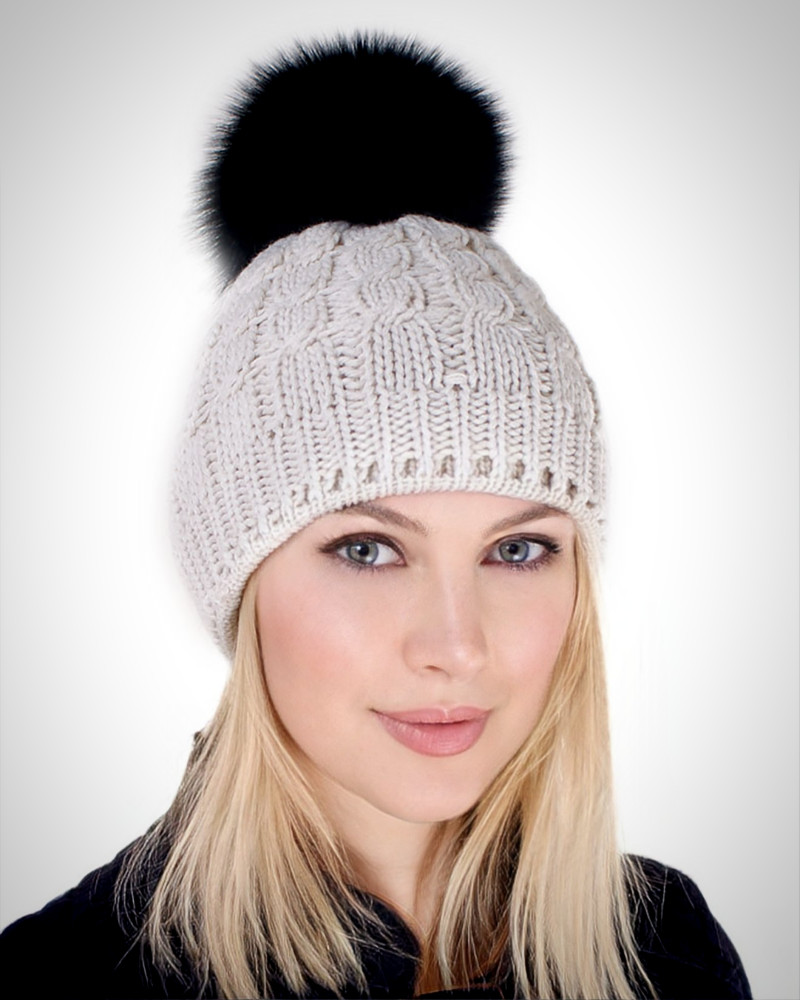 Cream-colored Wool Hat with Black Fox Fur Pom Pom