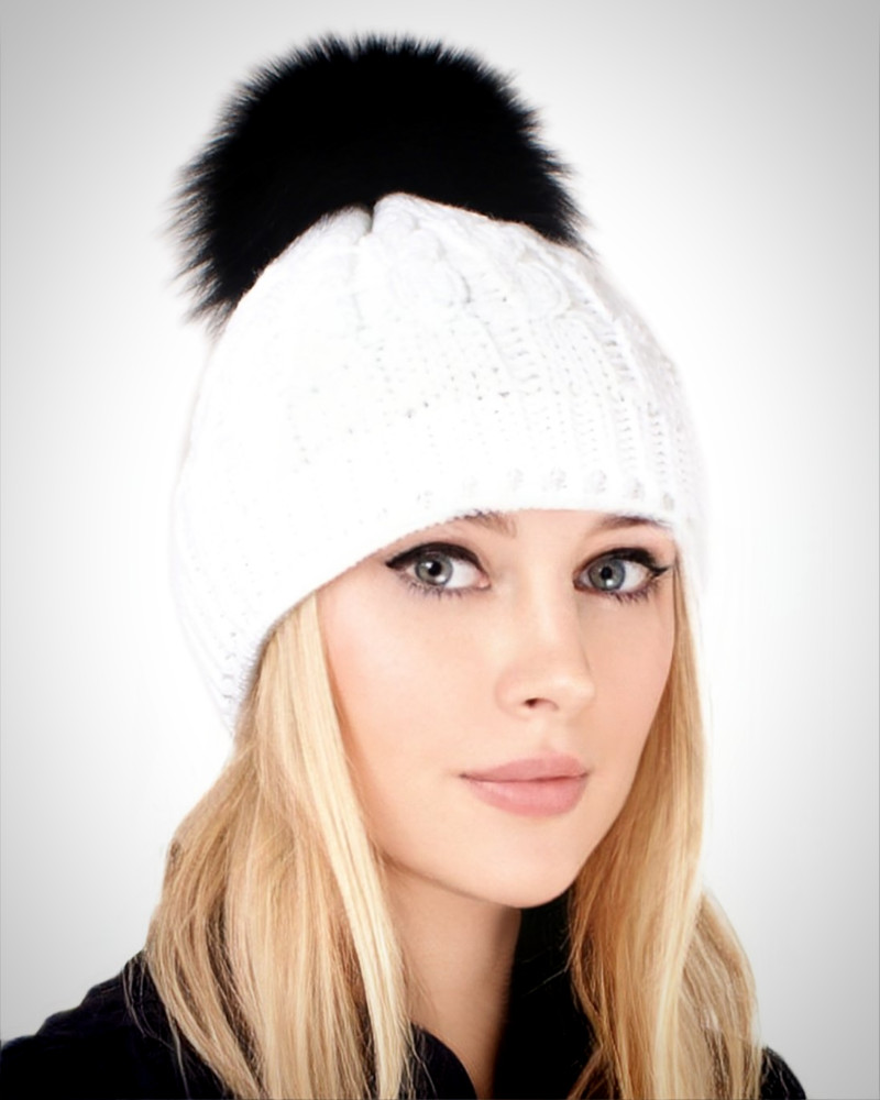 White Wool Hat with Black Fox Fur Pom Pom