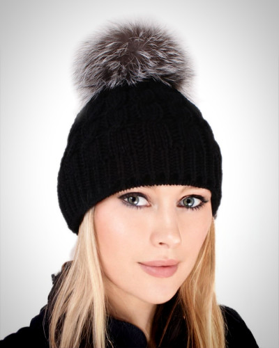 Black Wool Hat with Silver Fox Fur Pom Pom
