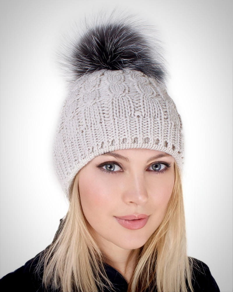 Cream-colored Wool Hat with Silver Fox Fur Pom Pom