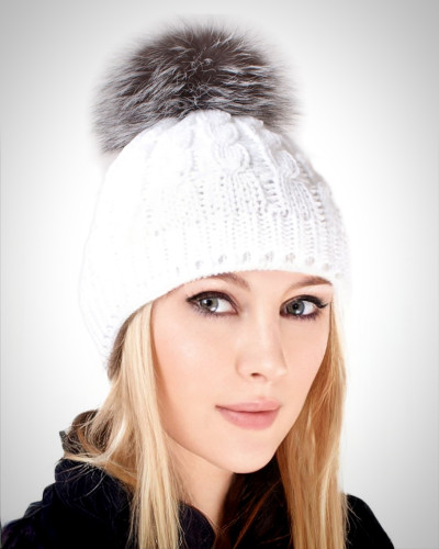 White Wool Hat with Silver Fox Fur Pom Pom