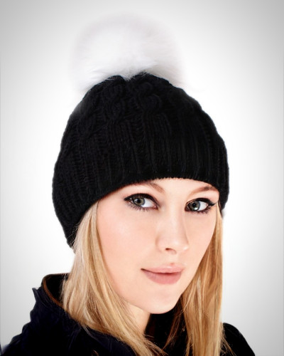 Black Wool Hat with White Fox Fur Pom Pom