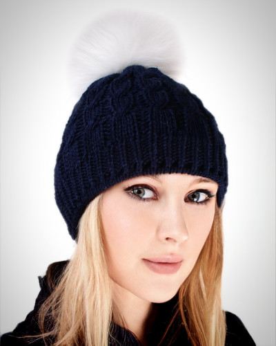 Navy Blue Wool Hat with White Fox Fur Pom Pom