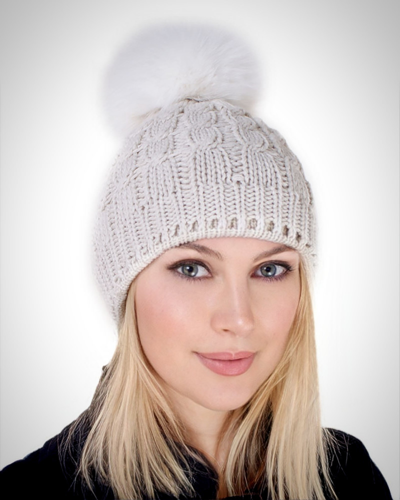 Cream-colored Wool Hat with White Fox Fur Pom Pom