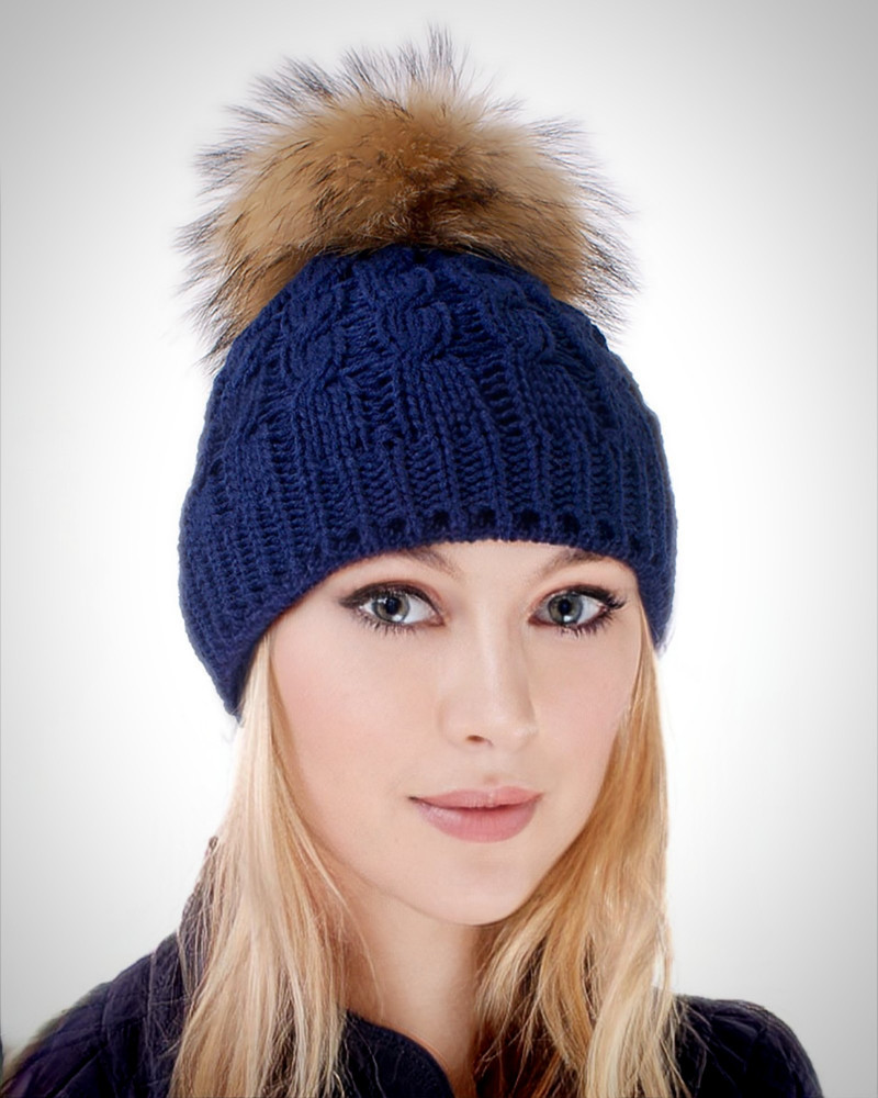Blue Wool Hat with Raccoon Fur Pom Pom